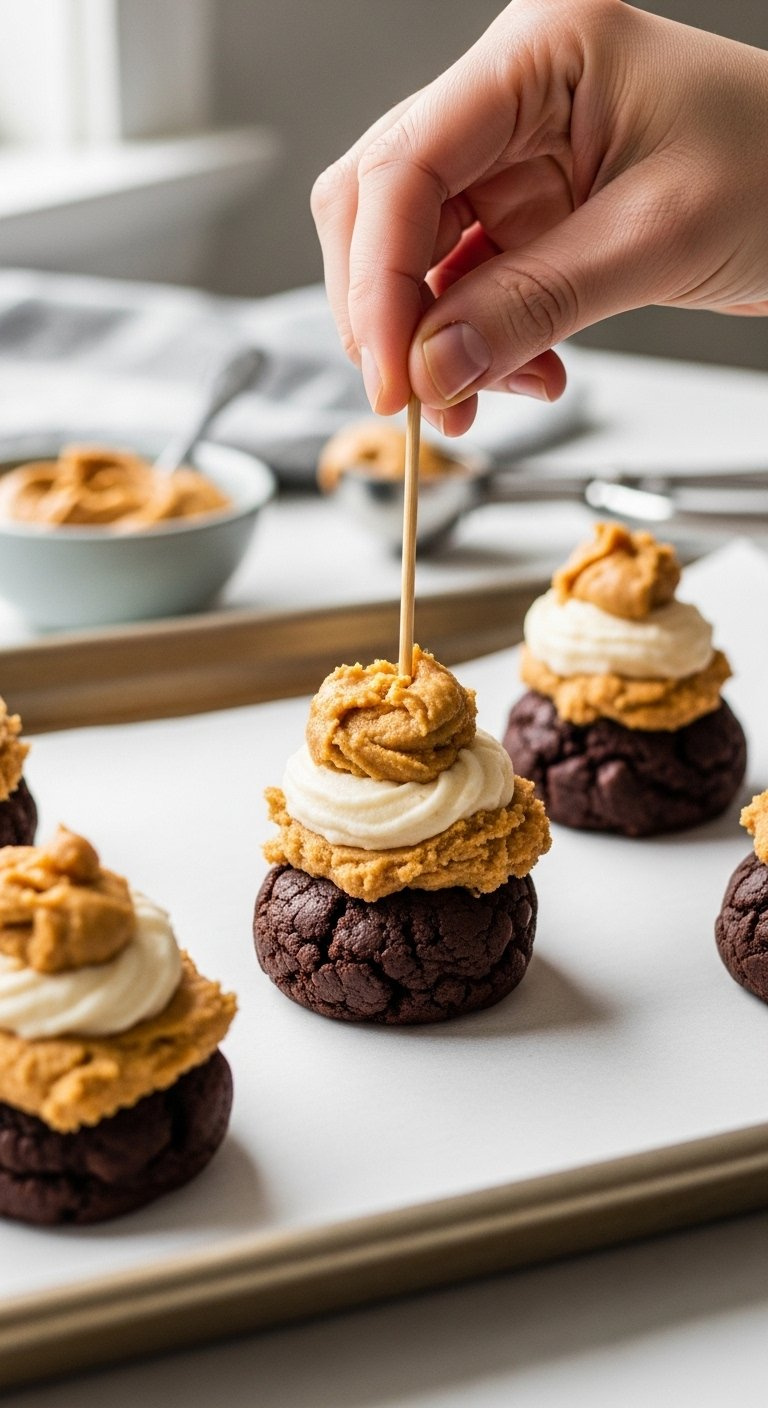 Close-Up Of Wooden Toothpick Marbling Creamy Peanut Butter Dough Into A Dark Brownie Cookie Dough Ball On A Baking Sheet.