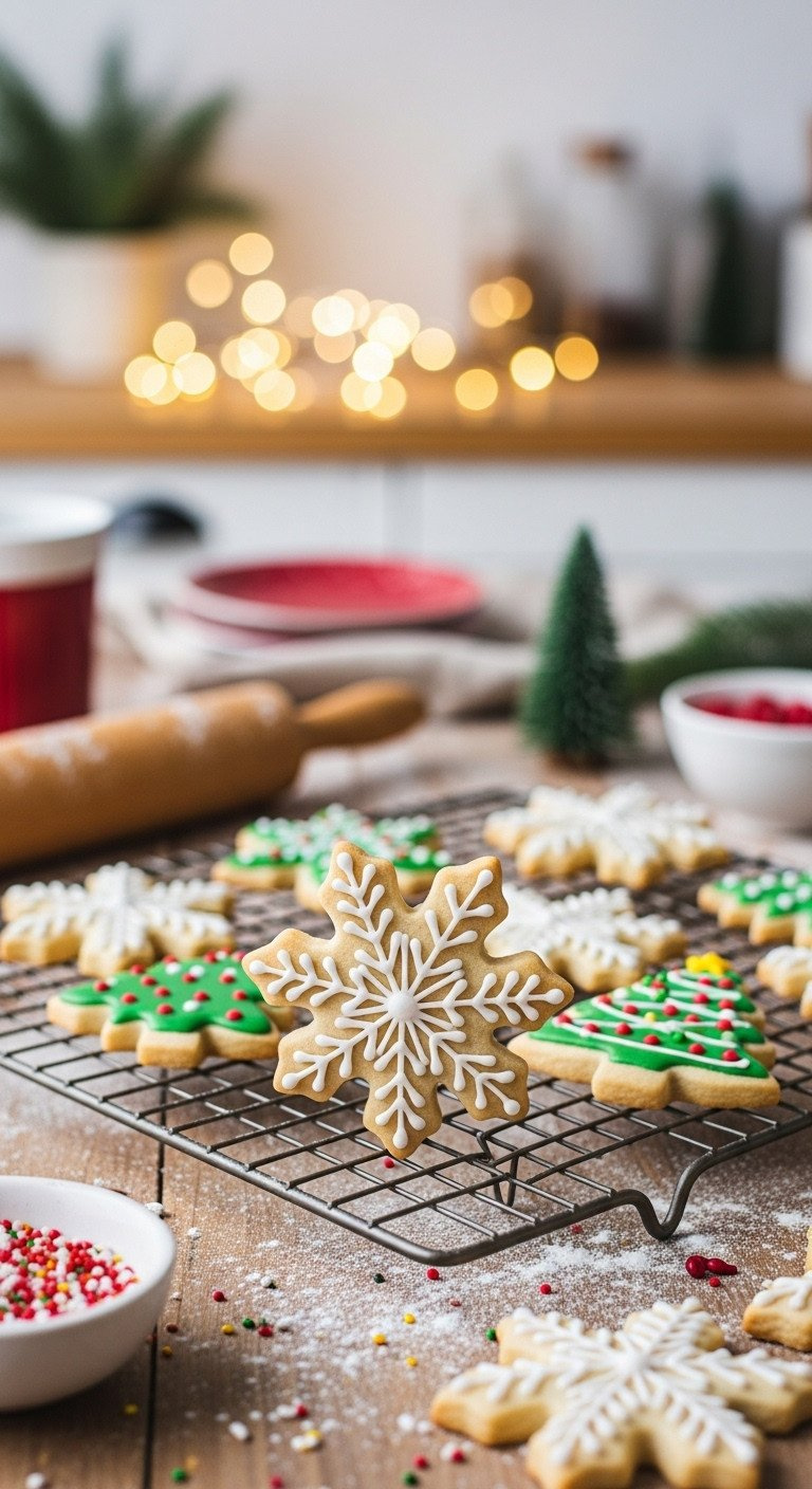Close-Up On A Decorated Snowflake Christmas Sugar Cookie On A Wire Cooling Rack With Other Festive Nut-Free Cookies.