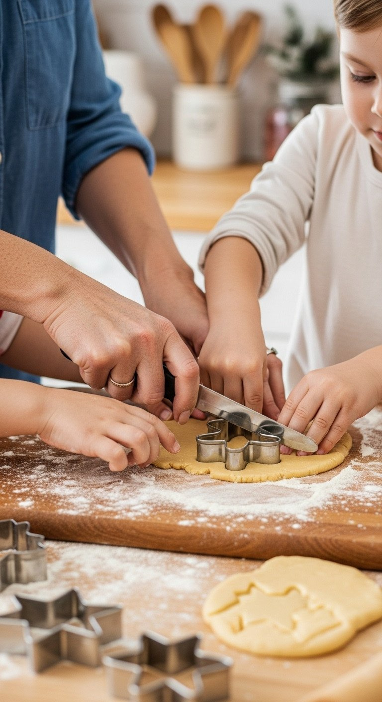 Close-Up On Siblings' Hands Using A Metal Gingerbread Man Cutter To Make Christmas Cookies On A Floured Wooden Board.