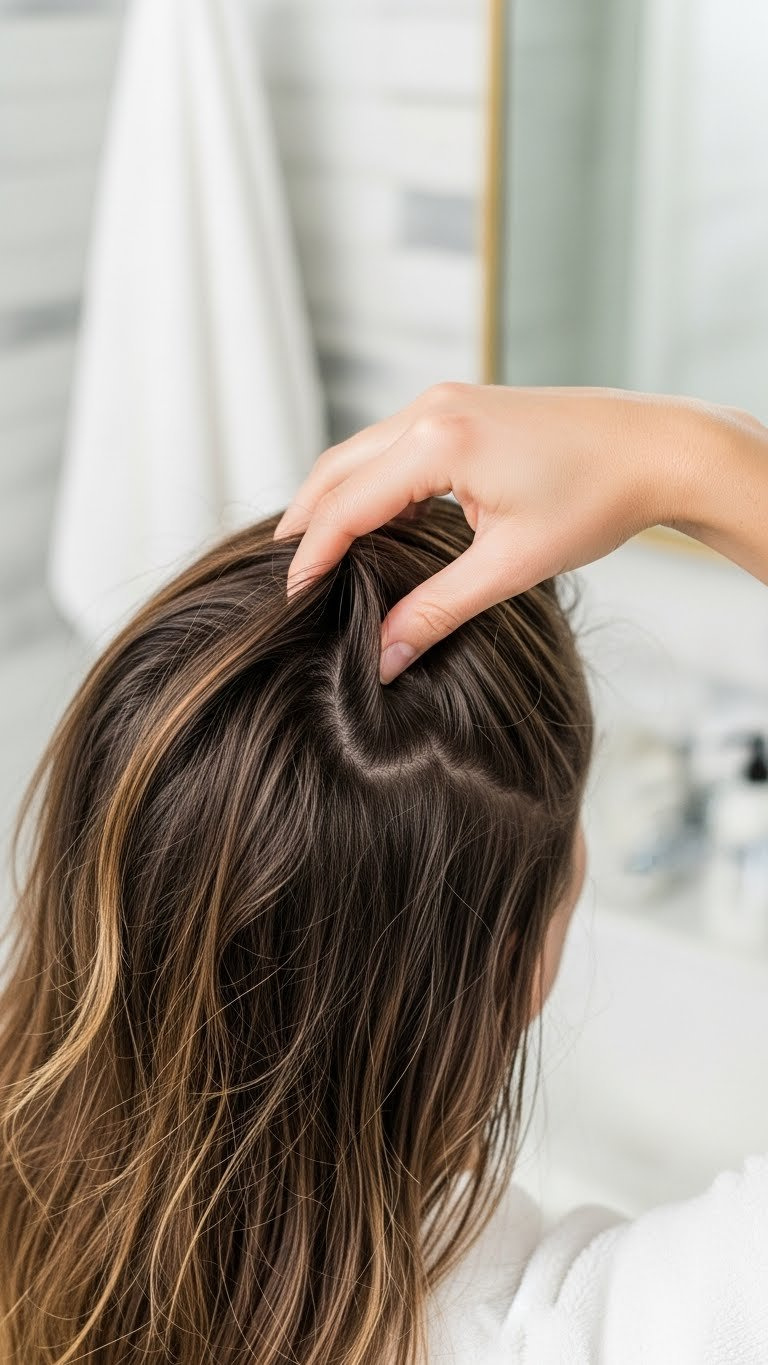 Close-Up Photo Of Clean Bouncy Hair Roots Being Gently Raked By Hand Showing Refreshed Scalp Without Oil Buildup