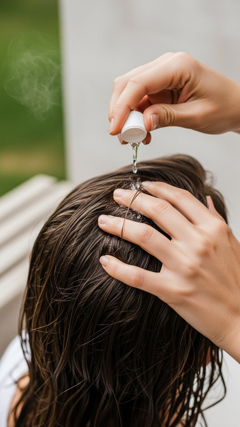 Close-Up Photo Of Hand Gently Massaging Baking Soda Solution Into Clean Hair Roots With Soft Blurred Background