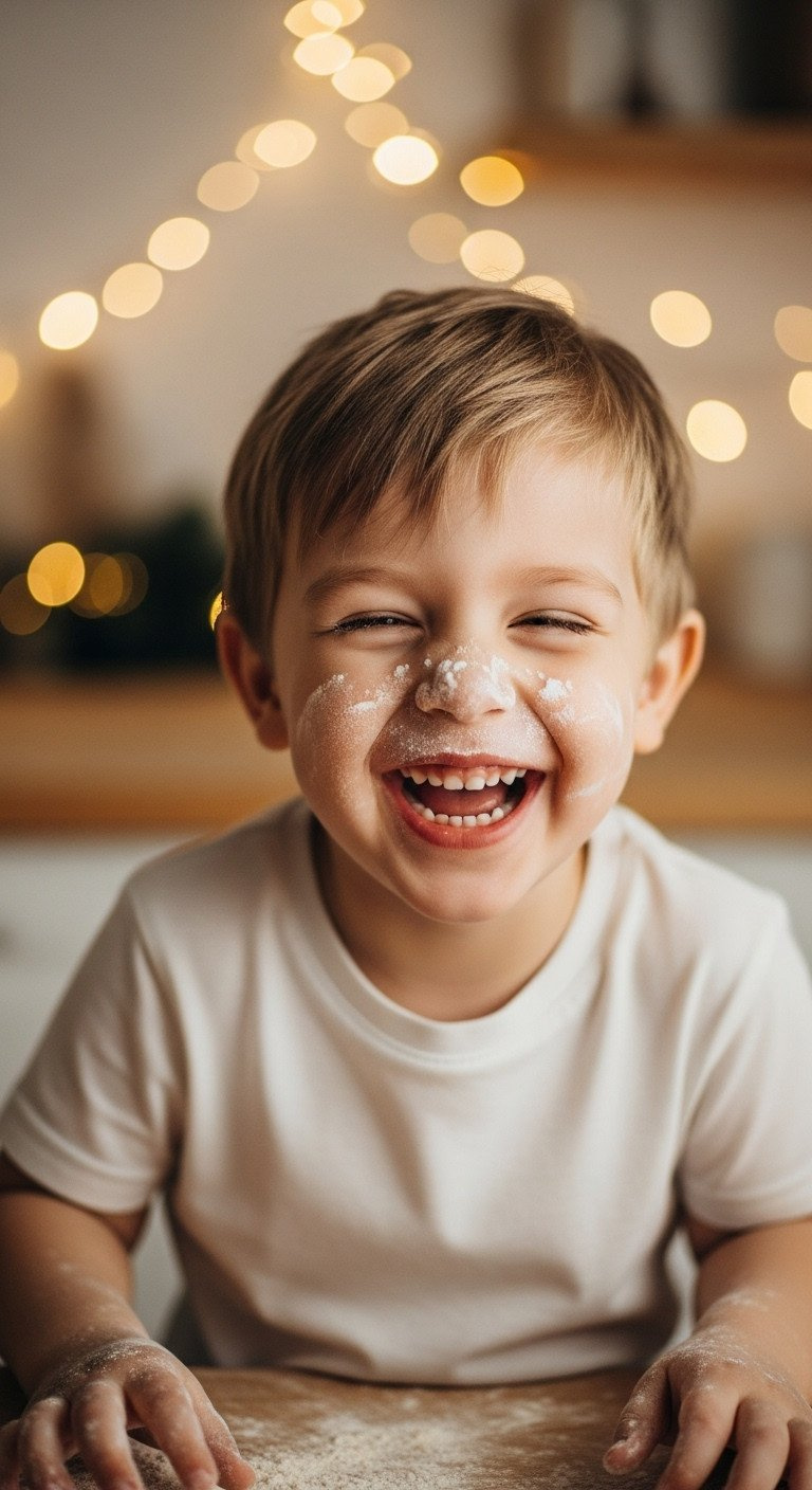Close-Up Portrait Of A Child Laughing With Genuine Joy And Flour On Their Nose During A Fun Christmas Baking Session.
