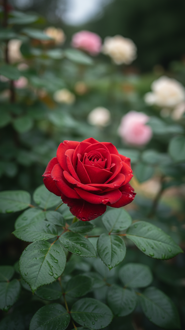 Close-Up Portrait Of Unfurling Red Rose With Protective Sheen On Petals Against Blurred Garden Background