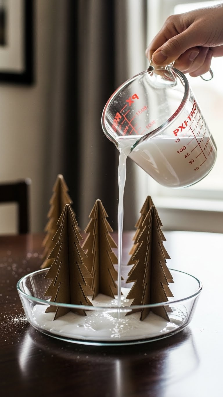 Close-Up Pouring Action Of Baking Soda Solution Into Glass Dish With Tree Templates On Dark Polished Wooden Table