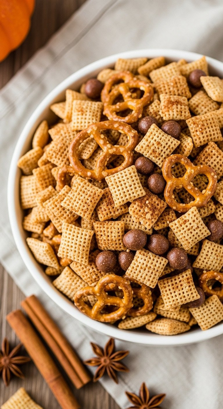 Close-Up Pumpkin Spice Chex Party Mix, Buttery Coating, Cinnamon Candy, Star Anise, Wood Table, Warm Light.