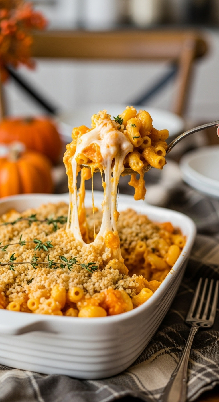 Close-Up Scoop Of Cheesy Butternut Squash Mac And Cheese With A Cheese Pull From A White Ceramic Baking Dish With Breadcrumbs And Thyme