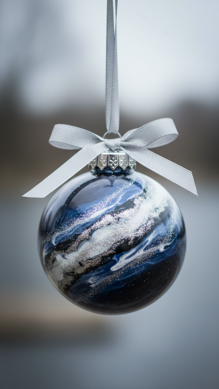Close-Up Shot Of Diy Milky Way Ornament Featuring Dark Blue Background With Diagonal White Band And Silver Glitter Mimicking Galaxy Against Neutral Background.