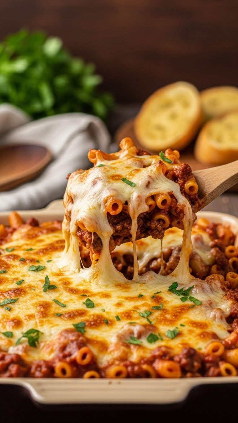 Close-Up Shot Of Cheesy Ground Beef Pasta Bake With Bubbling Melted Cheese Topping And Hearty Ground Beef In Ceramic Baking Dish.