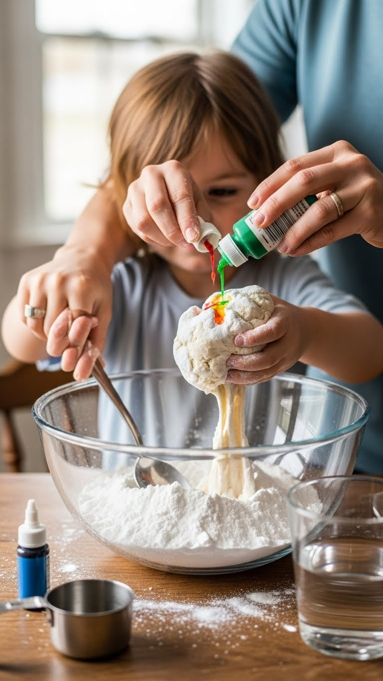 Close-Up Shot Of Child And Adult Hands Mixing Baking Soda Dough With Food Coloring In Clear Glass Bowl On Rustic Wooden Table