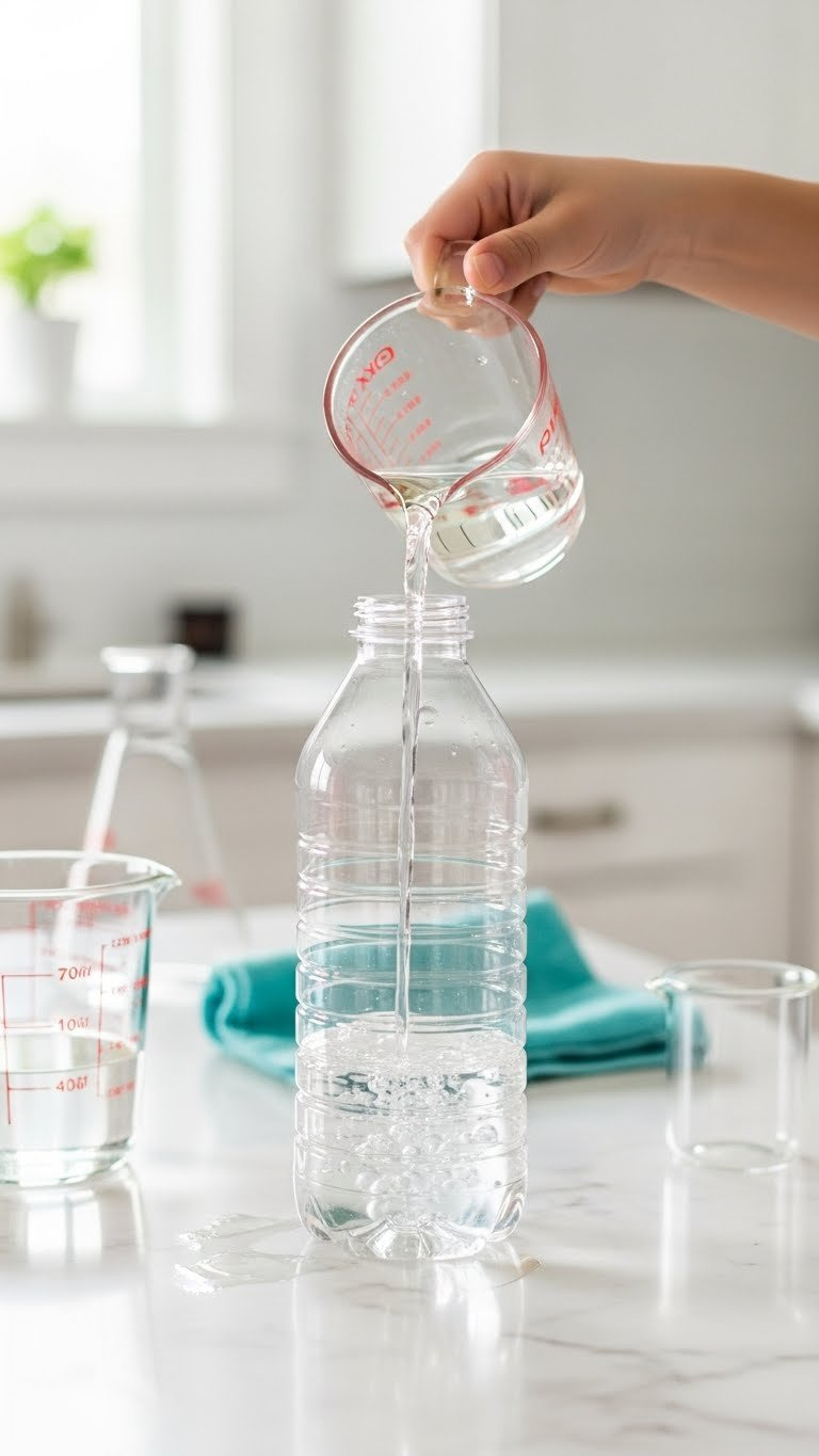 Close-Up Shot Of Child's Hand Pouring White Vinegar From Measuring Cup Into Clear Plastic Bottle On Marble Countertop