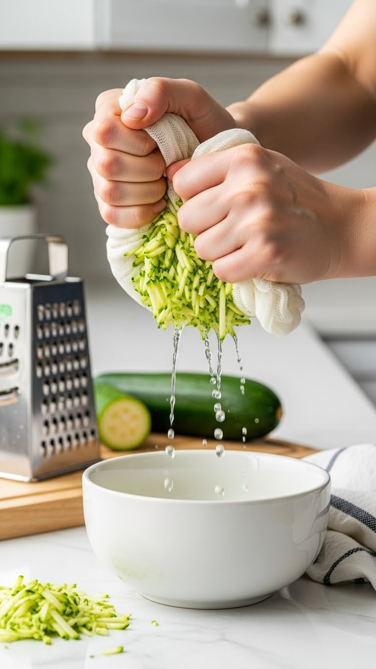 Close-Up Shot Of Hands Squeezing Freshly Grated Zucchini In Cheesecloth To Remove Moisture For Keto Baking