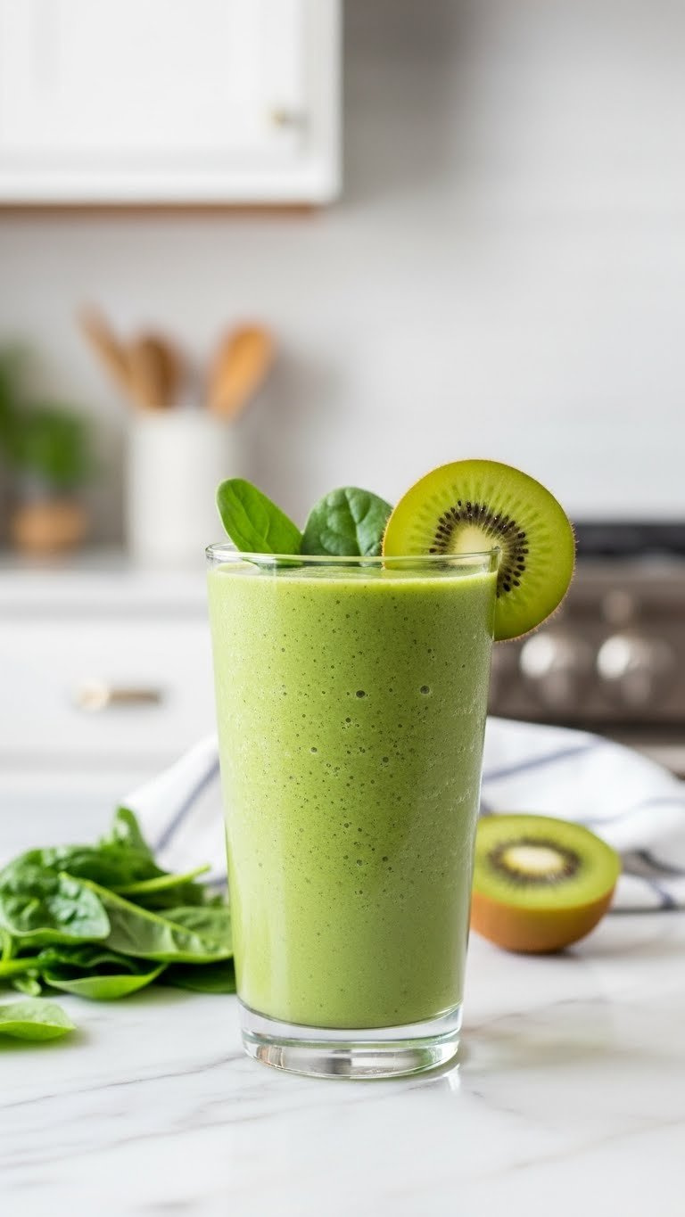 Close-Up Shot Of Vibrant Green Smoothie In Tall Glass With Spinach Leaves Garnish On Marble Countertop