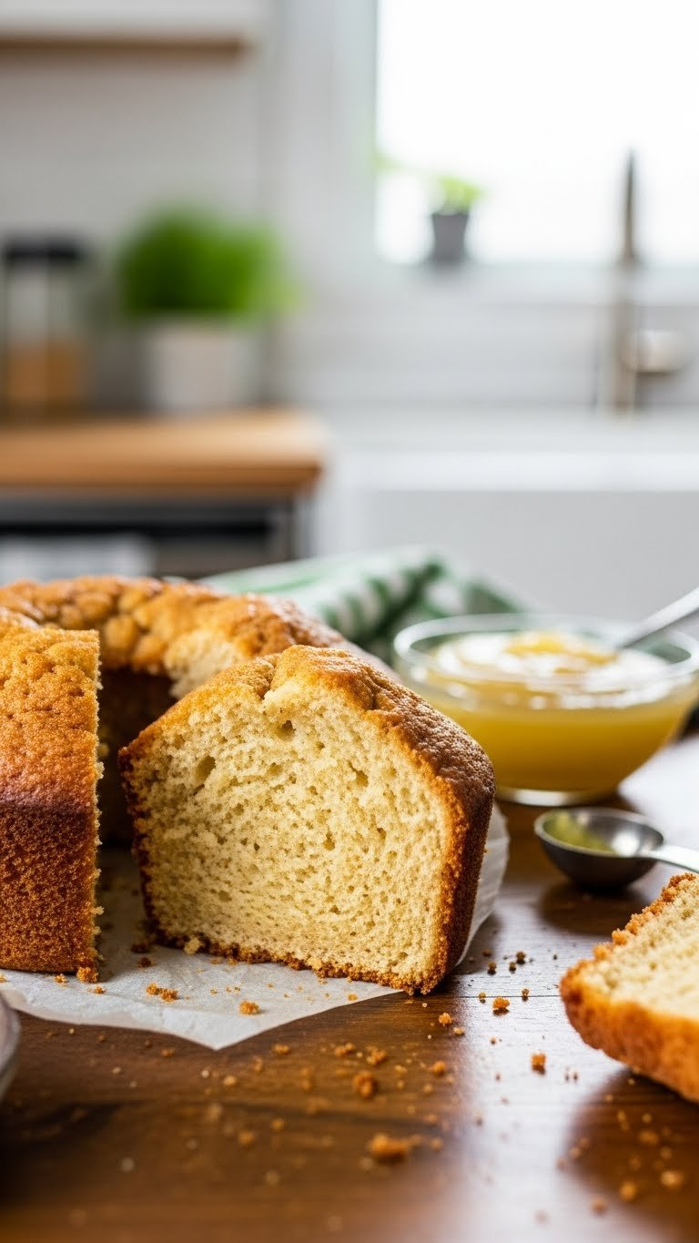 Close-Up Slice Of Golden-Brown Cake Revealing Moist Interior With Applesauce Substitute On Rustic Wooden Table