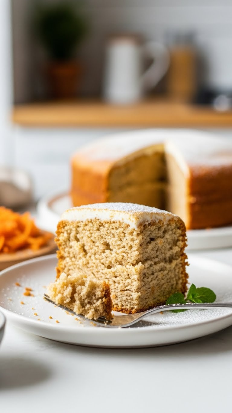 Close-Up Slice Of Moist Dairy-Free Carrot Cake On White Plate Showing Tender Crumb With Powdered Sugar And Fresh Mint