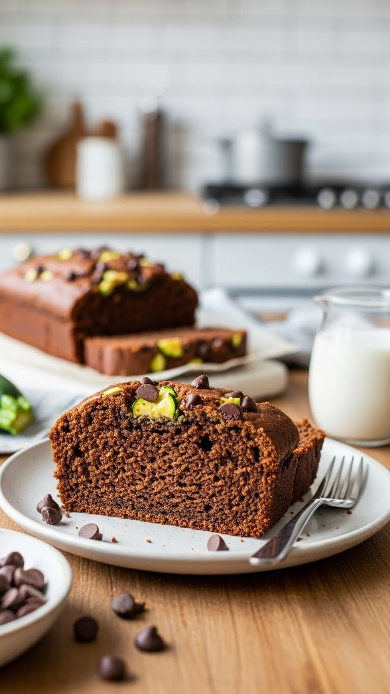 Close-Up Slice Of Moist Keto Chocolate Zucchini Bread With Melted Sugar-Free Chocolate Chips On Rustic Wooden Table