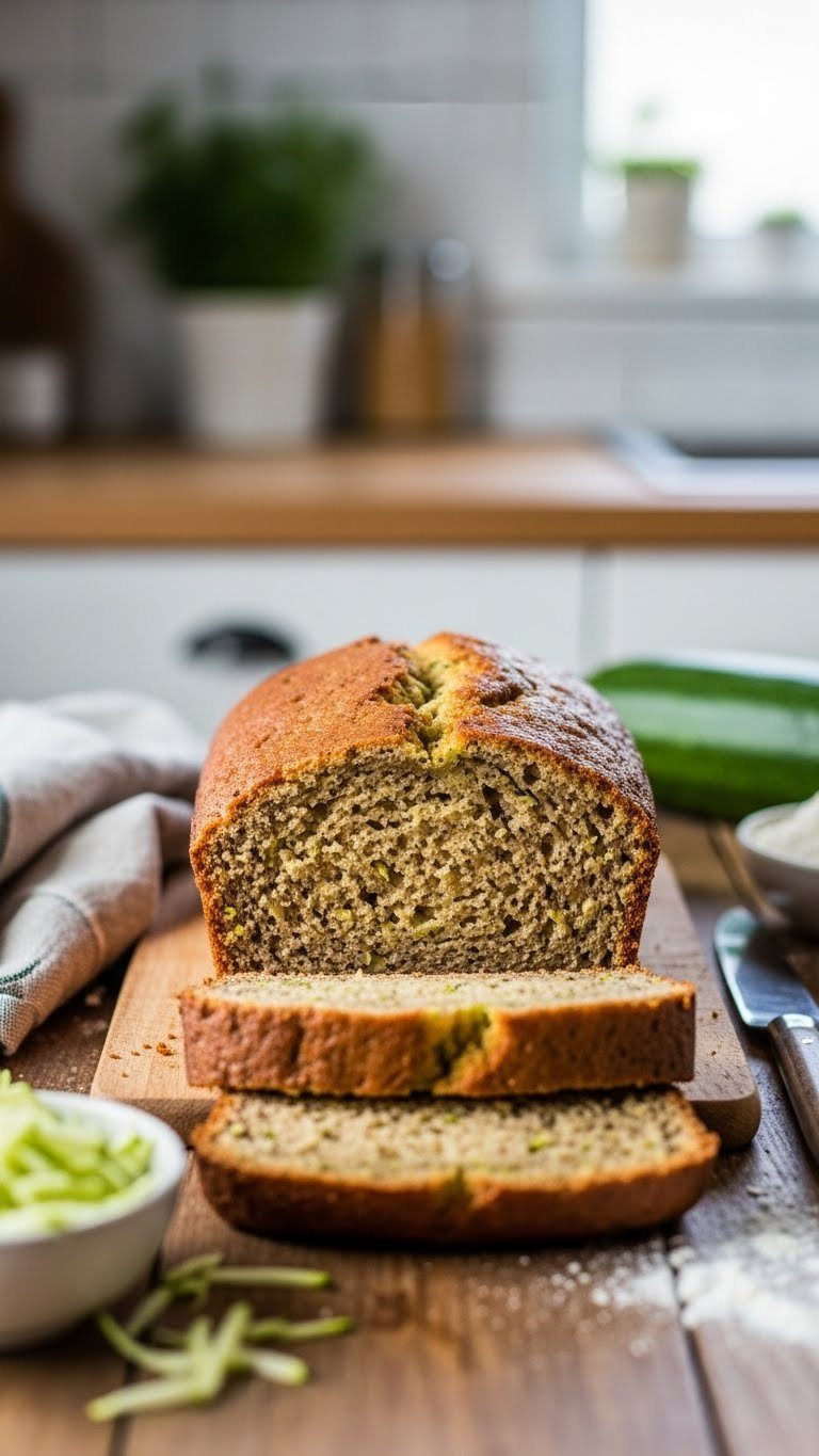 Close-Up Slice Of Moist Whole Wheat Zucchini Bread With Golden-Brown Crust And Green Zucchini Flecks On Rustic Wooden Table