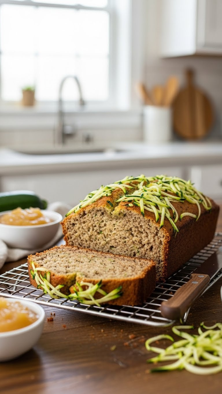 Close-Up Slice Of Moist Zucchini Bread With Green Flecks On Rustic Wooden Table With Applesauce And Flour Accessories