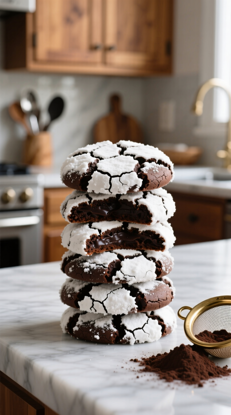 Close-Up Stack Of Chocolate Crinkle Cookies, Heavily Coated In Powdered Sugar Revealing Deep Cracks, On Marble Counter.