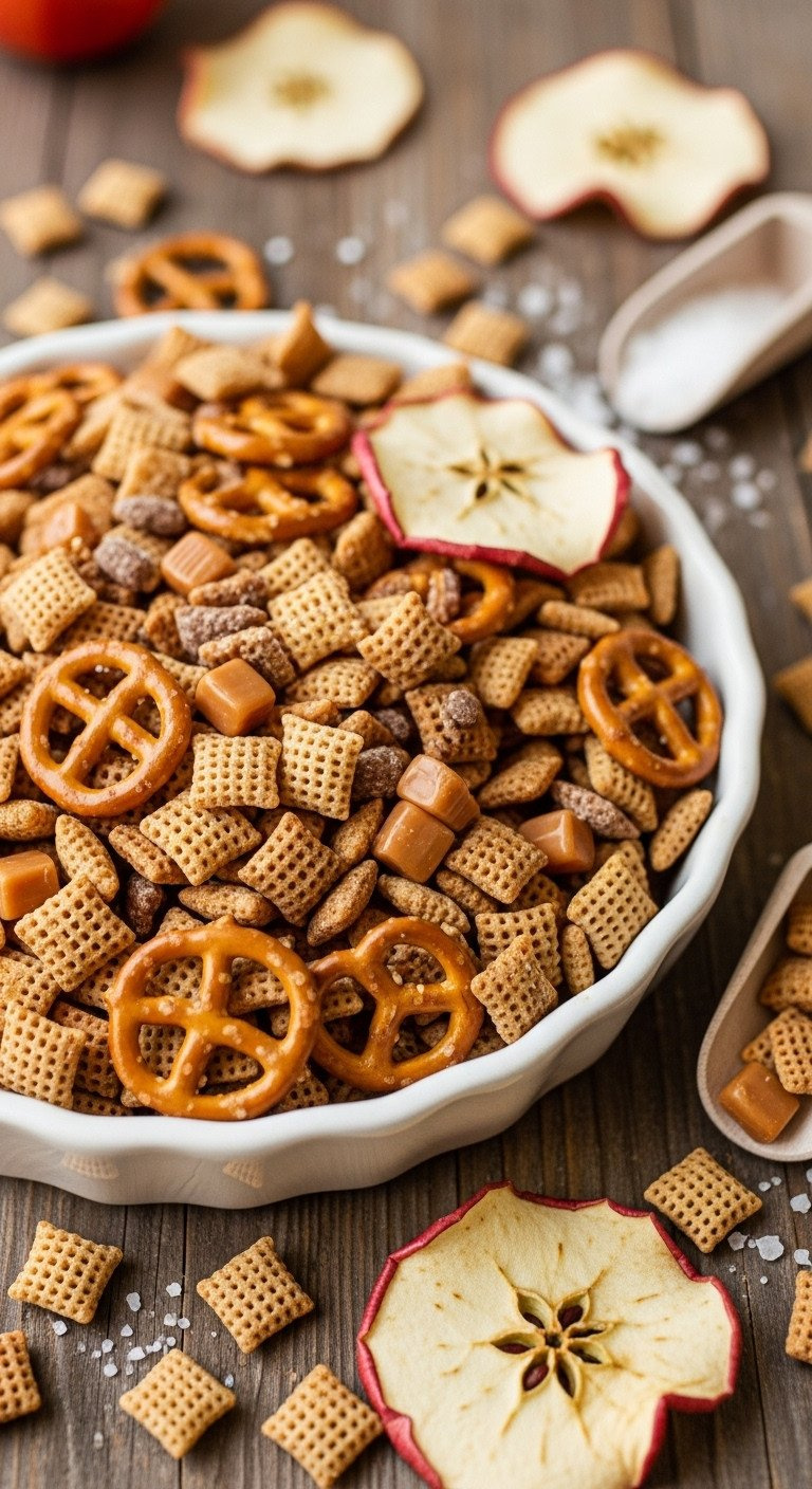 Close-Up Sweet &Amp; Salty Caramel Apple Harvest Chex Mix, Pretzels, Dried Apple, Sea Salt On Vintage Dish. Homey Fall Treat.