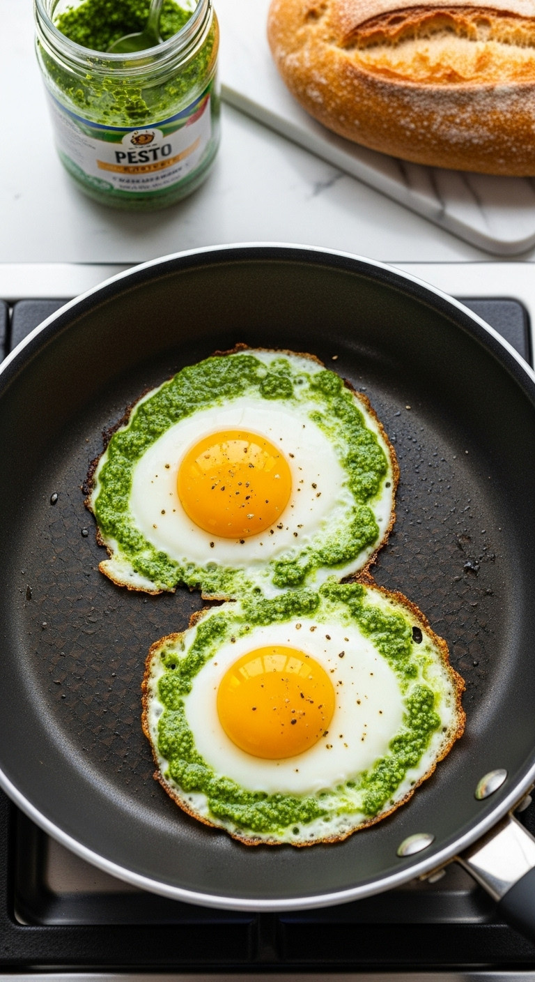 Close-Up Top-Down View Of Trendy Pesto Eggs Frying With Crispy Lacy Edges In A Non-Stick Skillet For A Flavorful Breakfast.