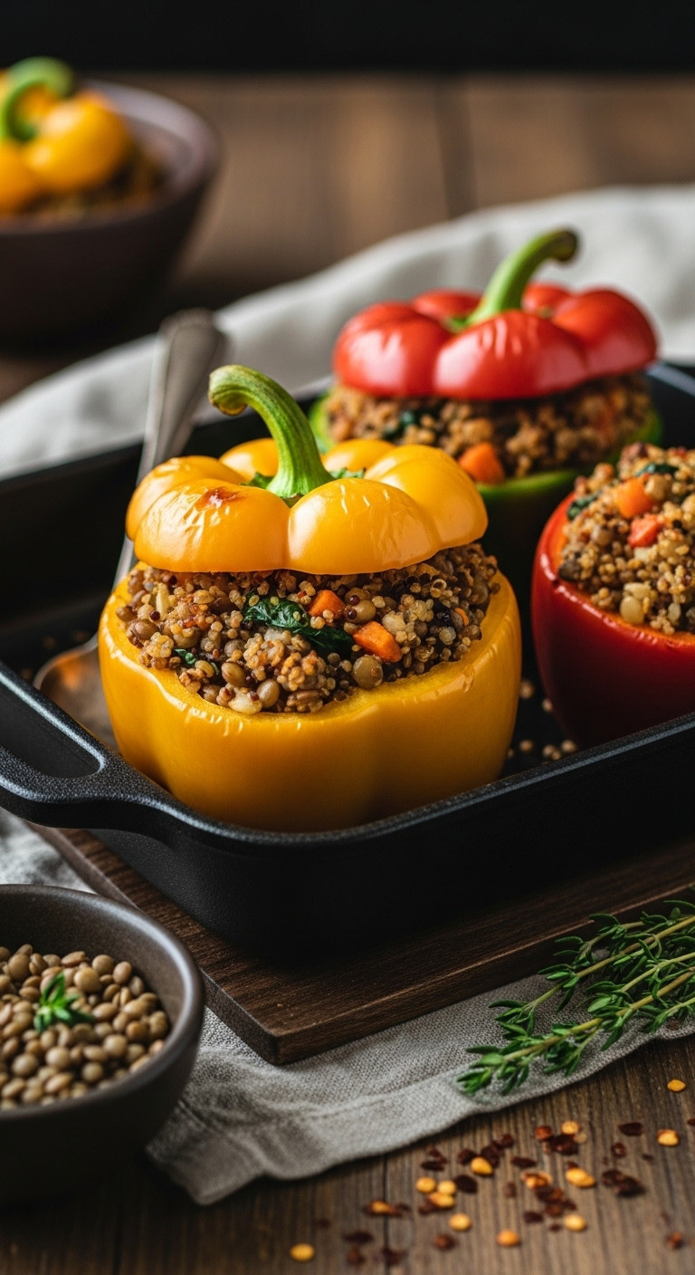 Close-Up: Vegetarian Yellow Bell Pepper Stuffed With Lentil &Amp; Quinoa In A Dark Cast Iron Dish, For Cozy Halloween Meal.