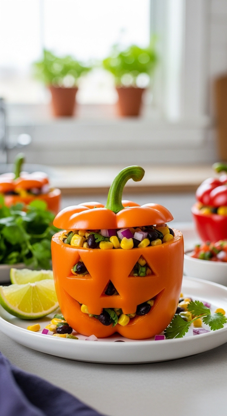 Close-Up: Vibrant Orange Vegan Jack-O'-Lantern Bell Pepper Stuffed With Zesty Black Bean And Corn Filling On A White Plate.