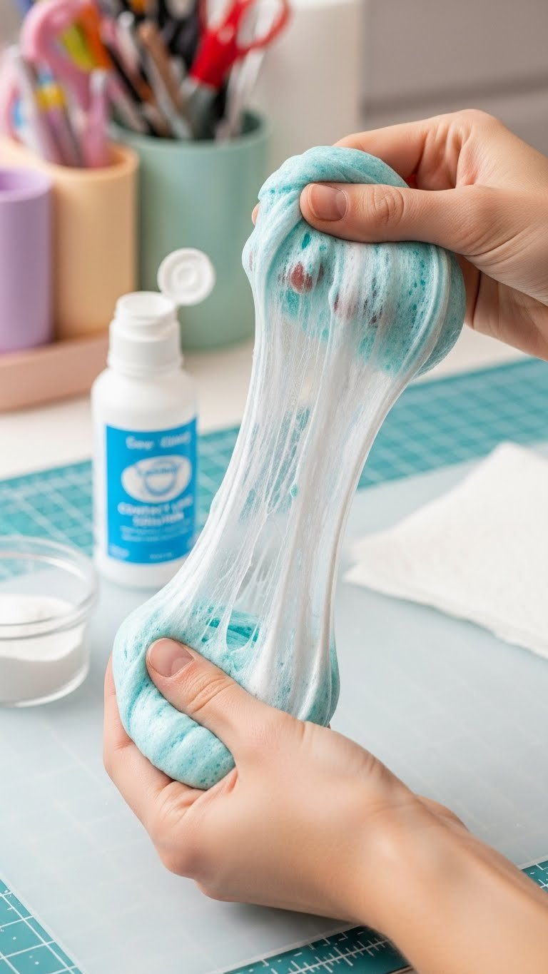 Close-Up View Of Sticky Baking Soda Slime Being Stretched Between Hands With Contact Lens Solution Bottle Nearby