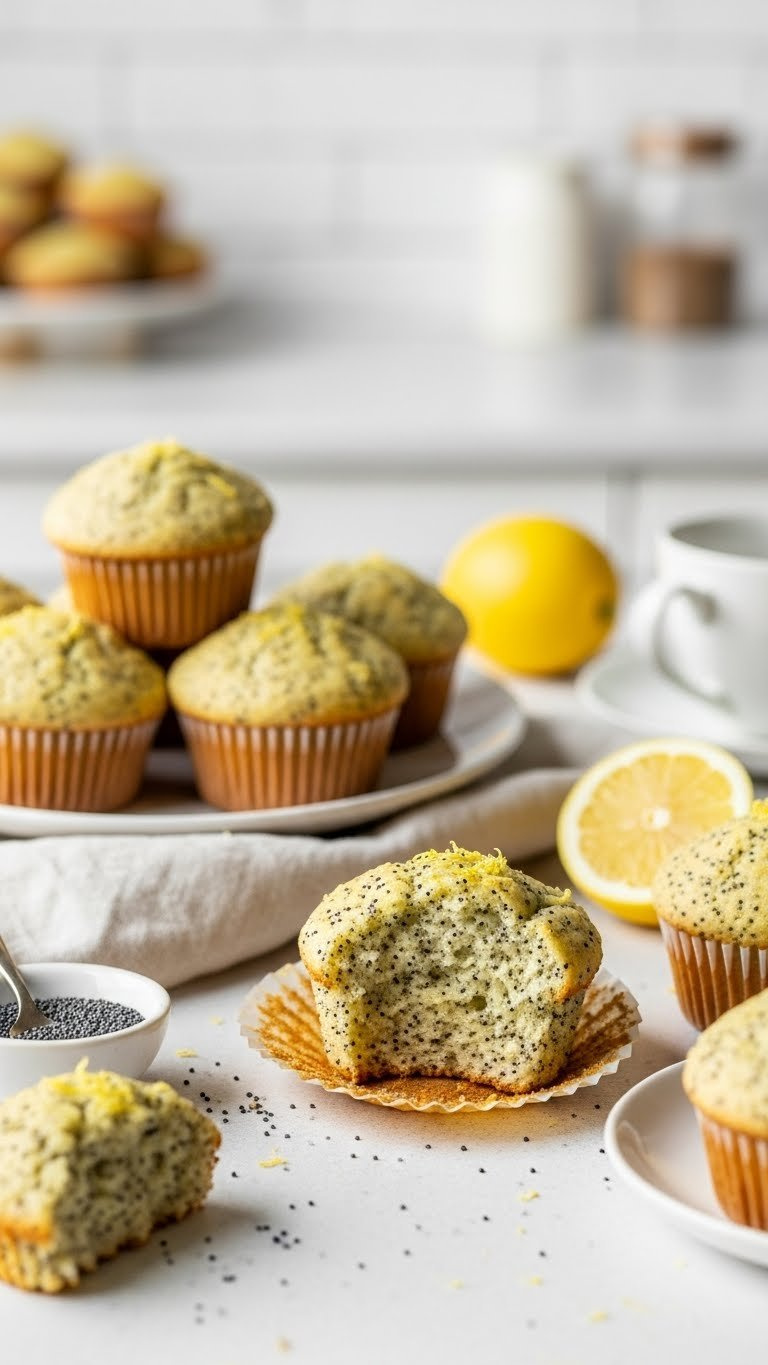 Cluster Of Golden-Brown Lemon Poppy Seed Muffins With Domed Tops And Visible Seeds, One Torn Open To Reveal Fluffy Interior On Linen Tablecloth