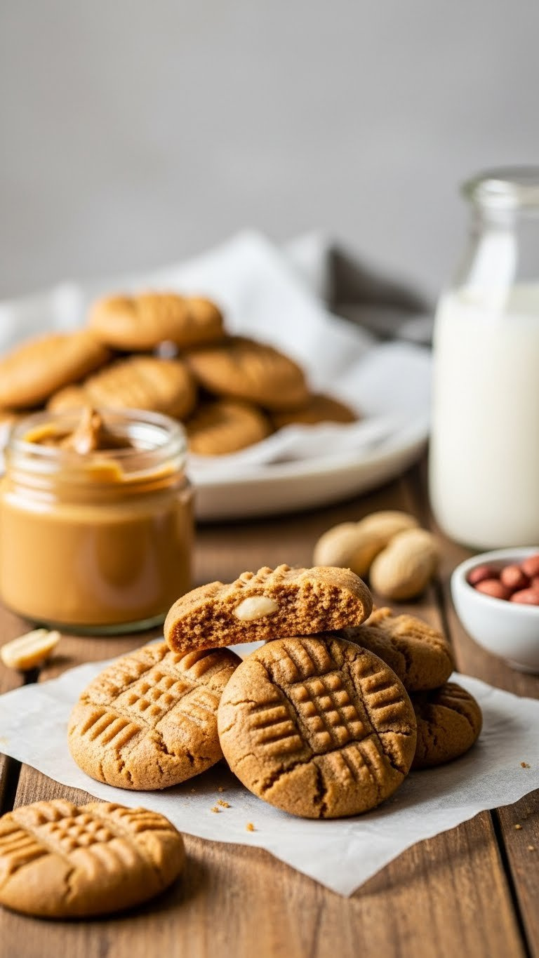 Cluster Of Keto Peanut Butter Cookies With Cross-Hatch Pattern On Rustic Wooden Table With Natural Light
