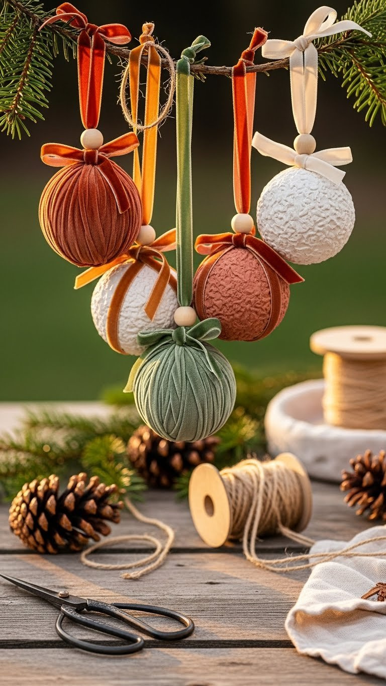 Cluster Of Textured Baking Soda Ornaments With Velvet Ribbon And Twine Embellishments Hanging Against Natural Outdoor Setting