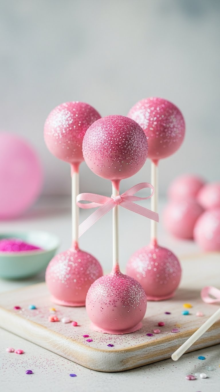 Cluster Of Three Shimmering Pink Cake Pops With Edible Glitter On Light Wooden Board