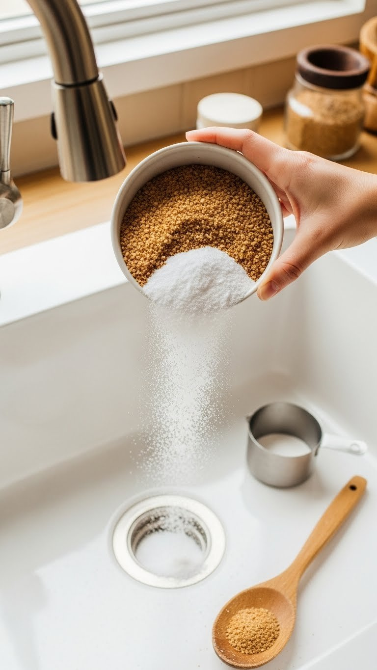 Coarse Salt And Baking Soda Mixture Pouring From Bowl Into Kitchen Sink Drain For Grease Buildup Cleaning