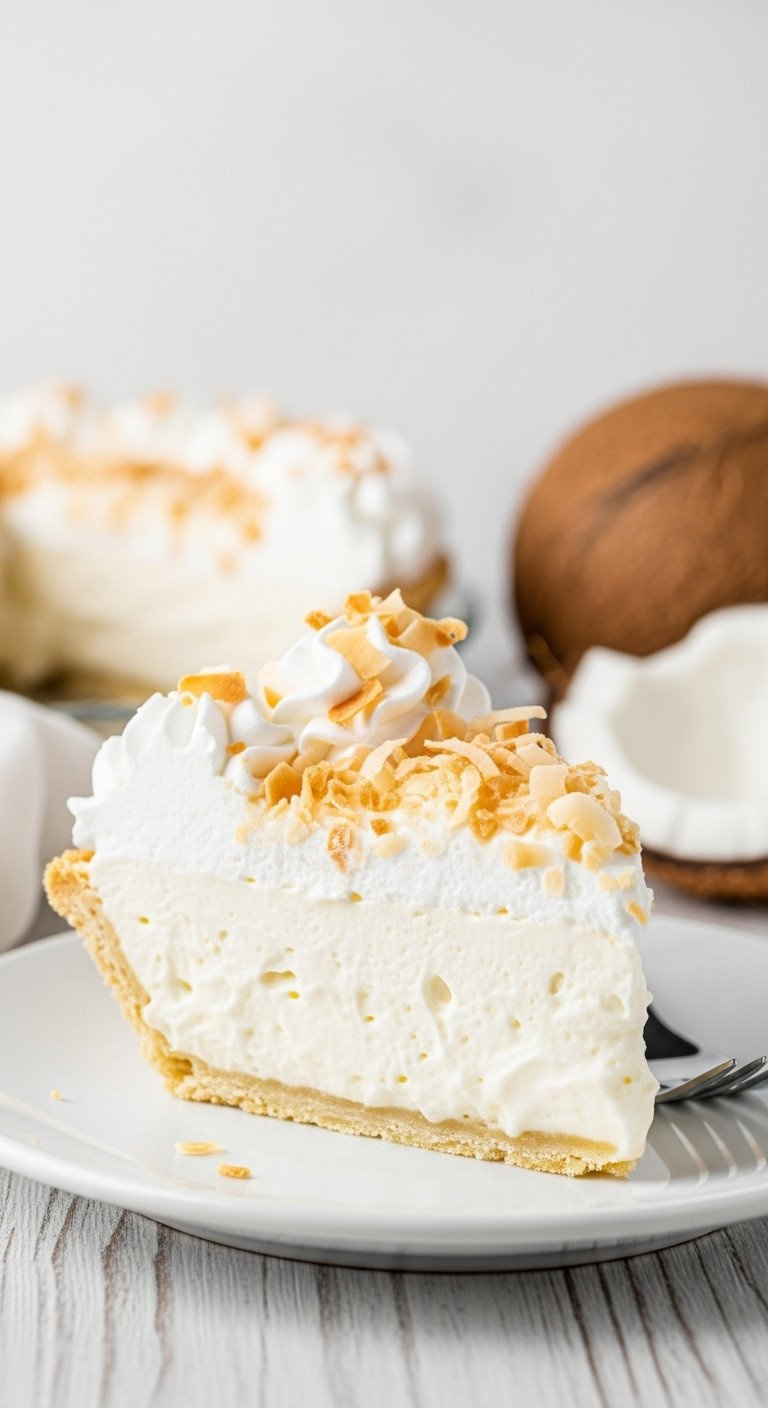 Coconut Cream Pie Slice. Whipped Cream, Toasted Coconut, Creamy Filling, Golden Crust. Delicious Dessert.