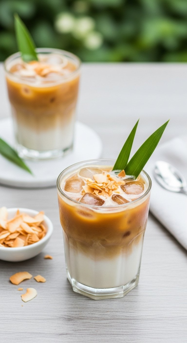 Coconut Milk Iced Latte With Toasted Coconut Flakes And Ice On A Light Wooden Table.