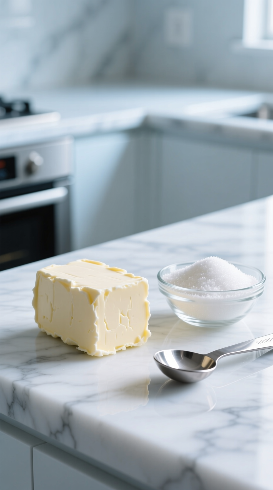 Cold Cubed Butter And Powdered Sugar For Baking On A Marble Countertop, Detailed Textures, Metal Measuring Spoon, Bright Kitchen Light.