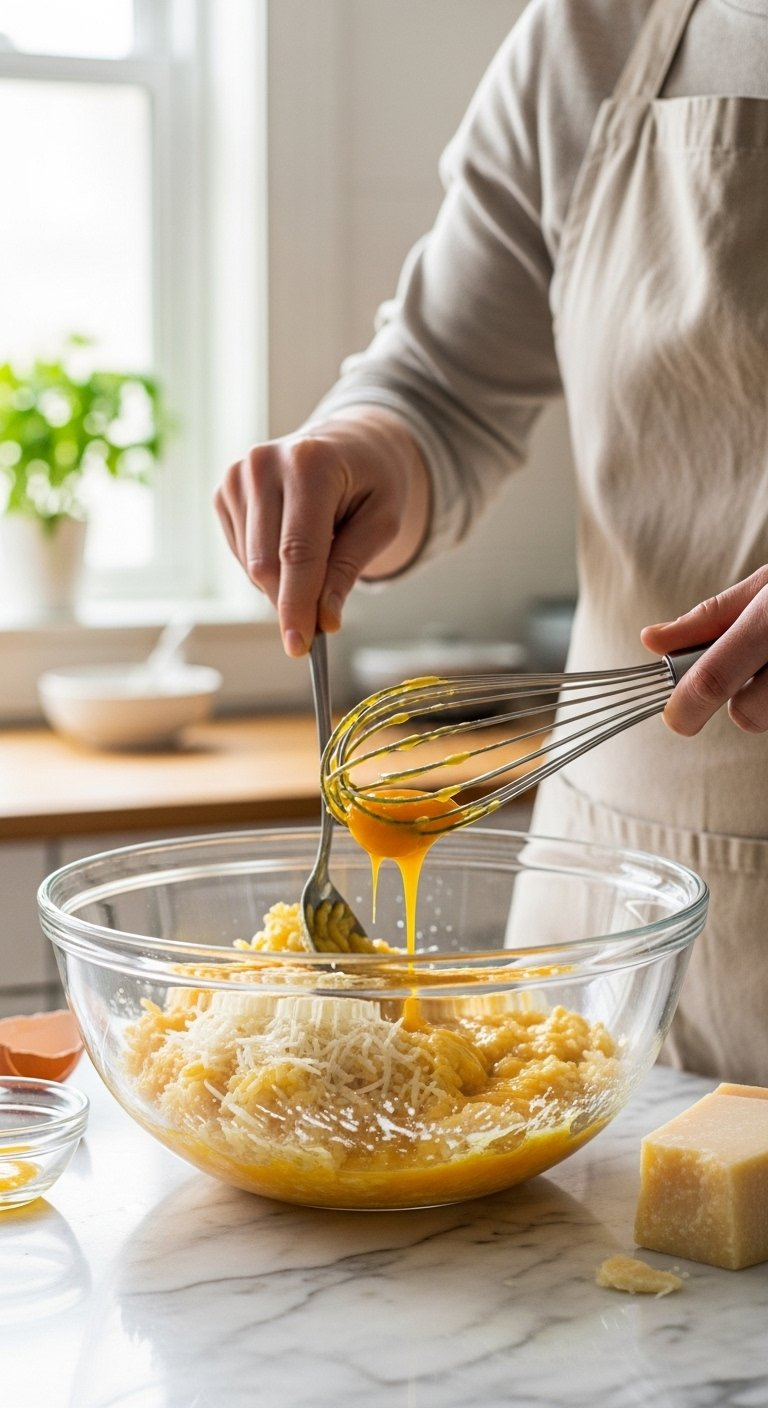 Cold Saffron Rice Mixes Thoroughly With Whisked Eggs And Grated Parmesan Cheese In A Glass Bowl.