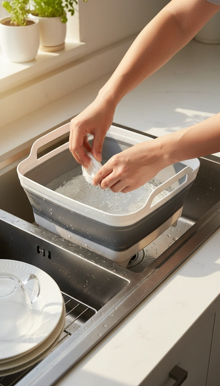 Split-Screen Photo Showing The Basin Filled With Soapy Water And Dishes On A Campsite Table, Alongside A Photo Of It Collapsed And Slid Neatly Into A Narrow Rv Cabinet.