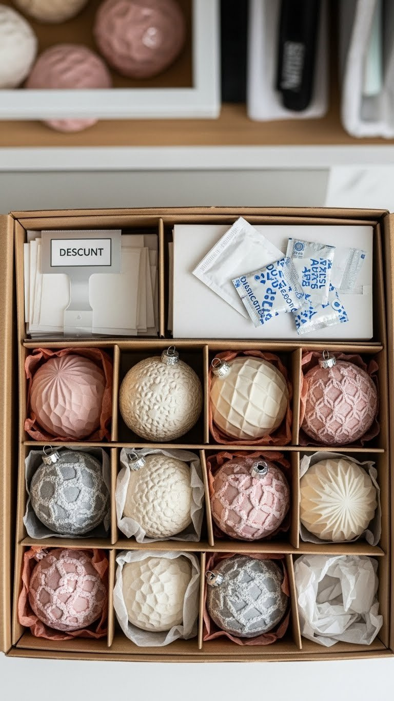Collection Of Faux Velvet And Stone Baking Soda Ornaments Stored In Padded Storage Box With Tissue Paper Compartments