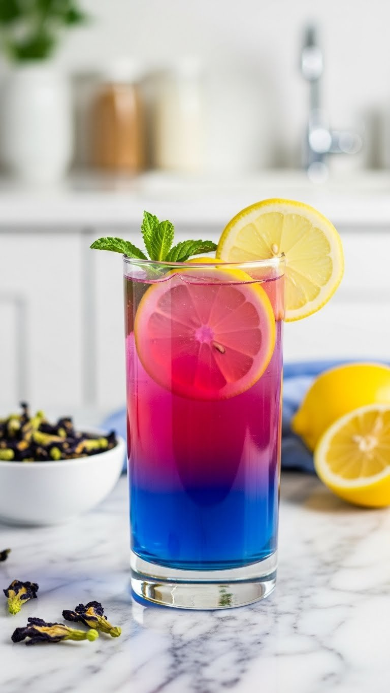 Color-Changing Butterfly Pea Flower Lemonade In Clear Glass With Purple-Blue To Pink Transition, Lemon Slice And Mint Garnish On Marble Countertop