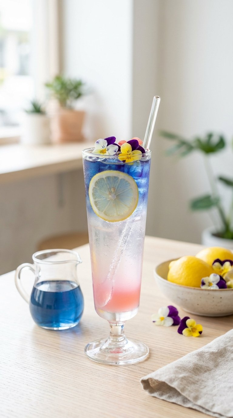 Color-Changing Unicorn Lemonade Transforming From Blue To Pink In Tall Glass With Lemon Slice Garnish On Wooden Table