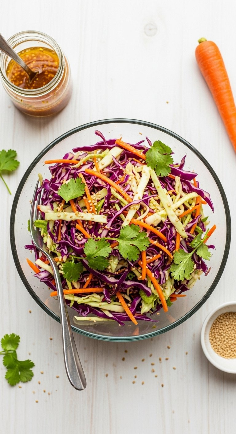 Colorful Asian Slaw With Purple Cabbage Carrots And Cilantro In A Glass Bowl On Light Wood.