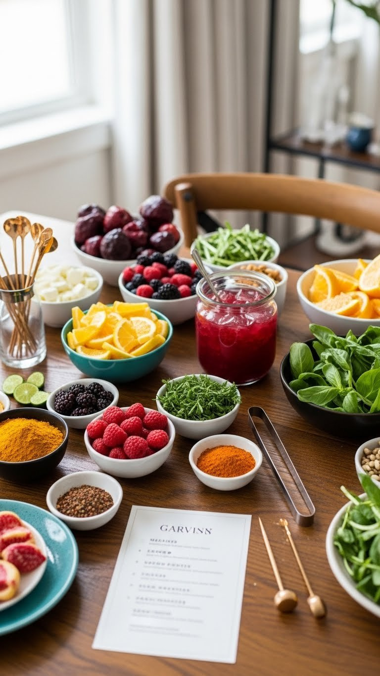 Colorful Diy Garnish Bar Setup With Sliced Citrus, Fresh Berries, Herbs And Spices Arranged In Small Bowls On Rustic Wooden Table