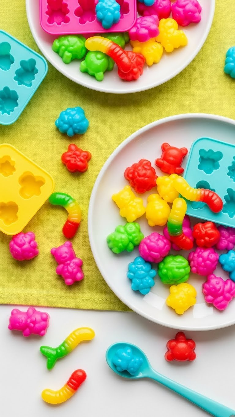 Colorful Diy Gummies And Candies In Bear And Fruit Shapes Scattered Playfully On White Ceramic Plate With Candy Wrappers