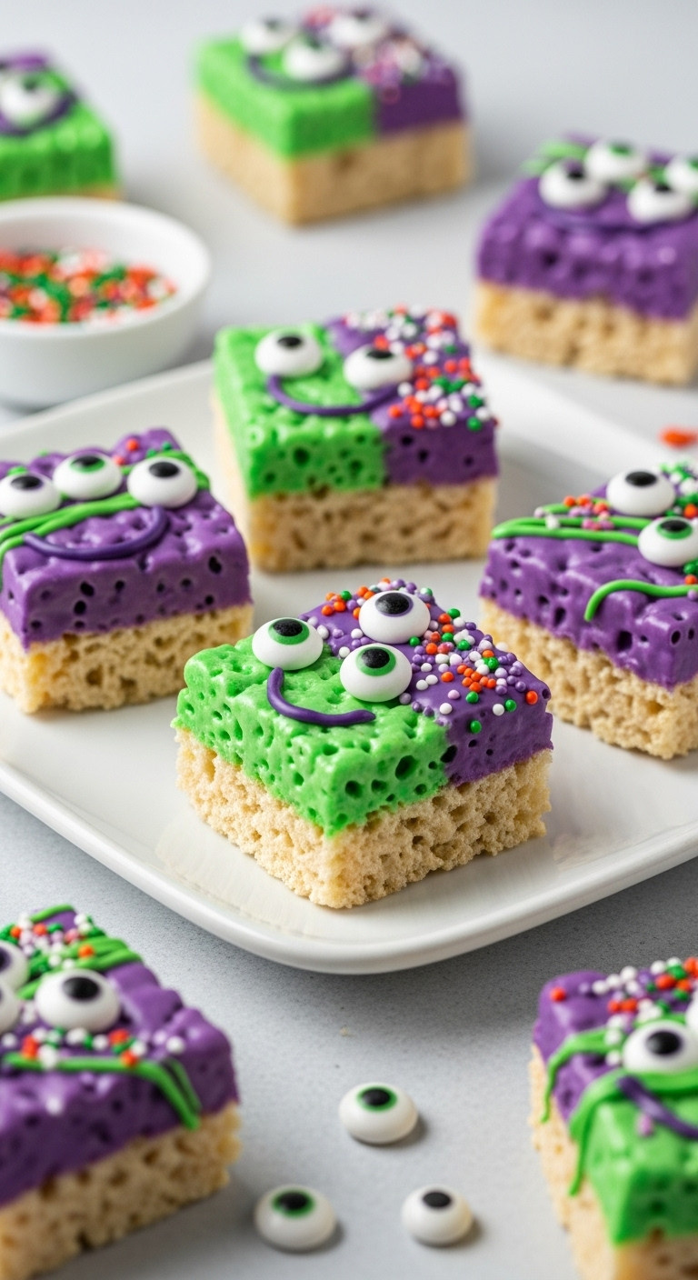 Colorful Googly-Eyed Rice Krispie Monsters On A White Platter With Sprinkles And Candy Eyeballs In Bright Daylight