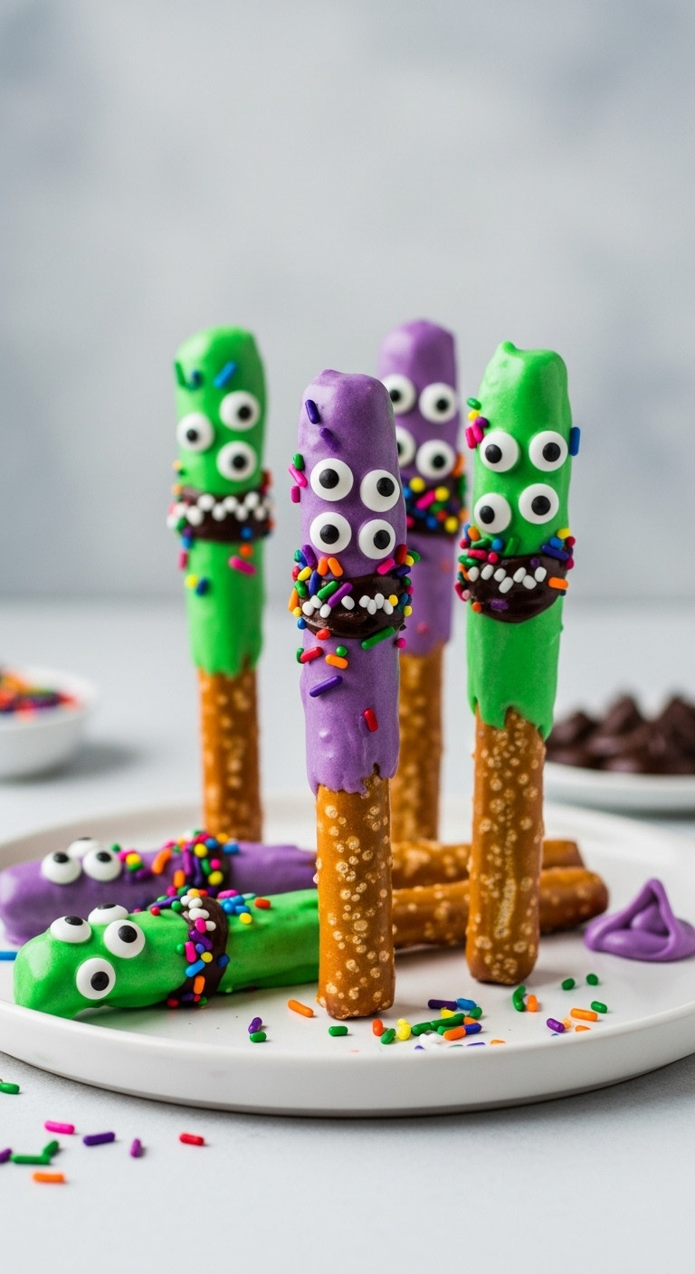Colorful Halloween Monster Pretzel Rods With Vibrant Candy Melts, Quirky Eyes, Sprinkles, And Chocolate Mouths On A White Plate.