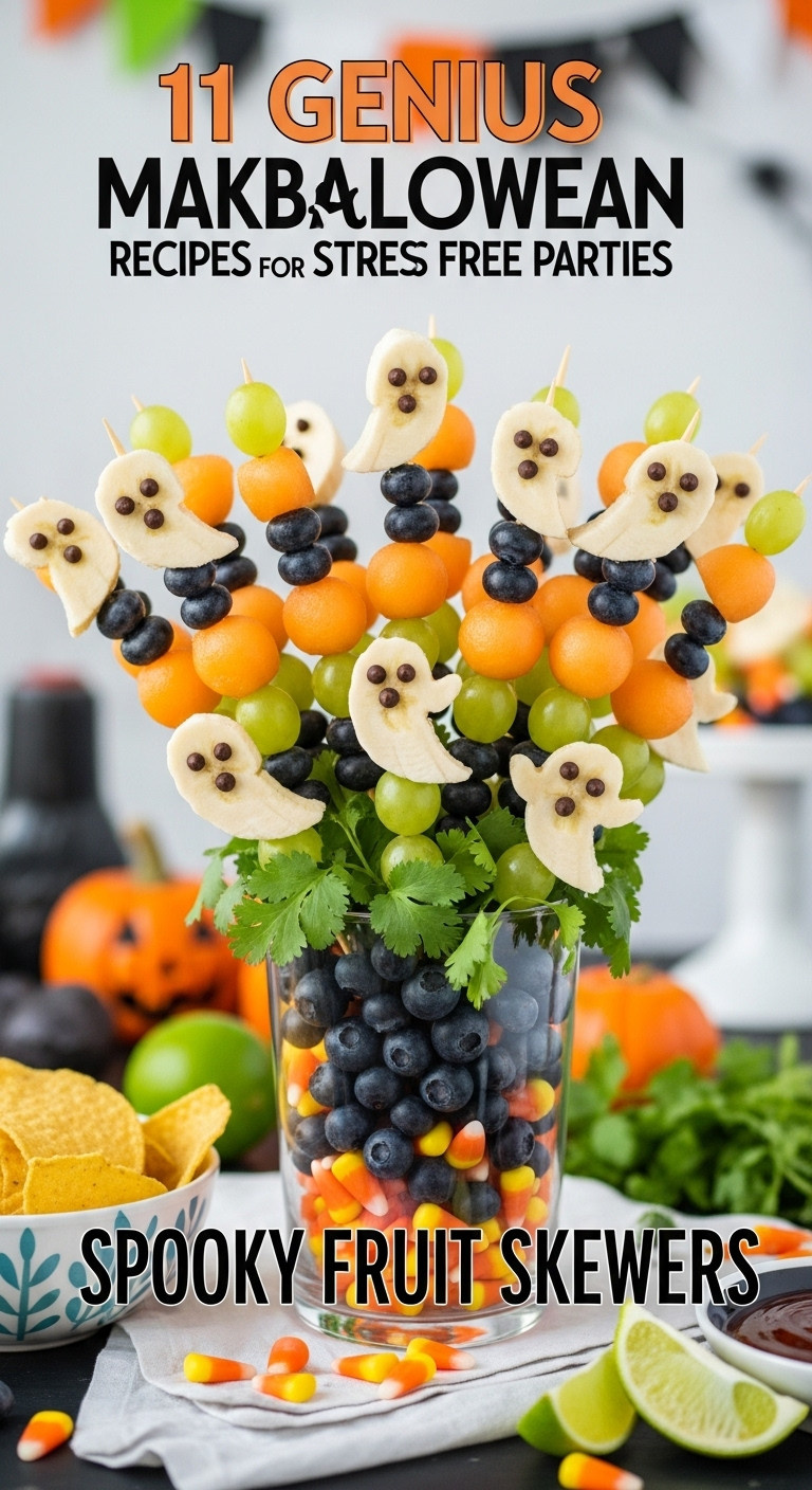 Colorful Halloween Spooky Fruit Skewers With Ghost Bananas, Grapes, Melon, Blueberries In A Candy Corn Vase. Healthy Party Snack.
