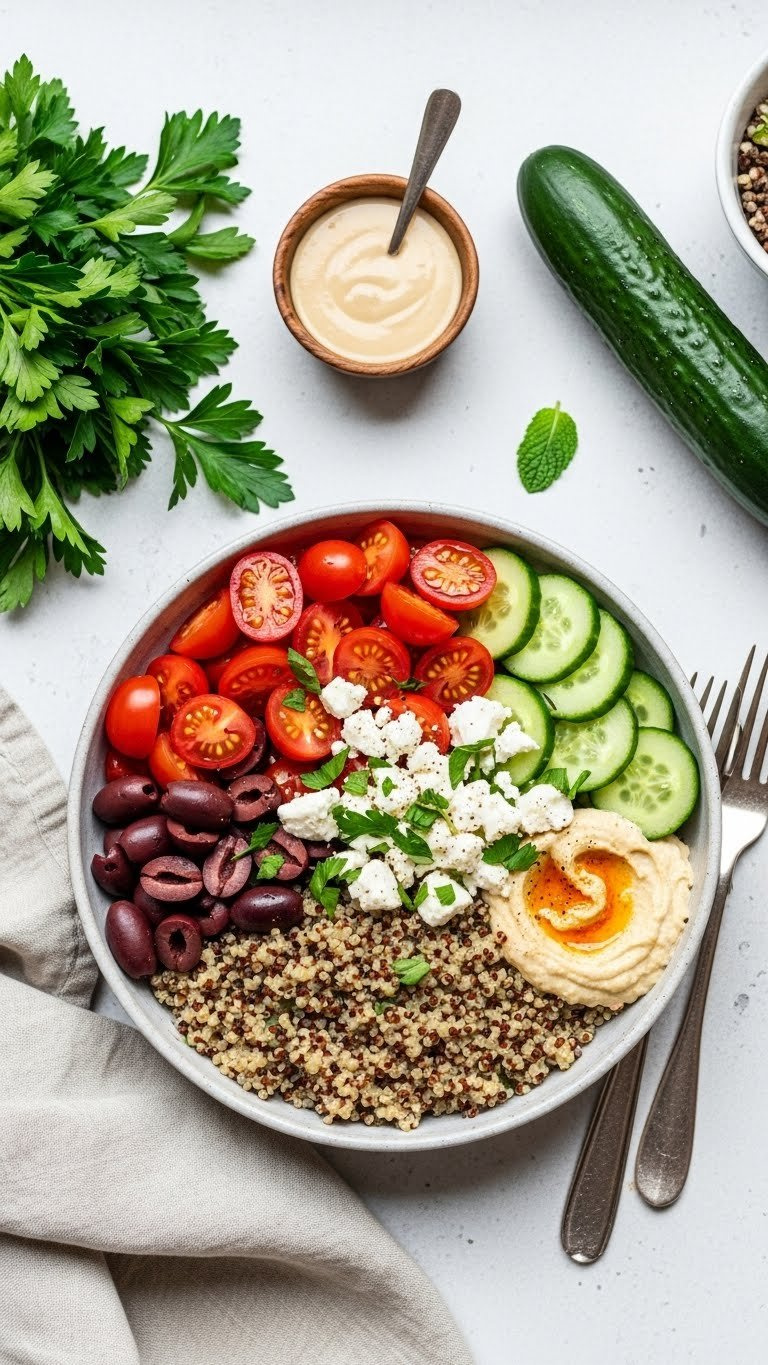 Colorful Instant Pot Mediterranean Quinoa Bowl With Tomatoes, Cucumber, Feta, Olives, Parsley, And Hummus.