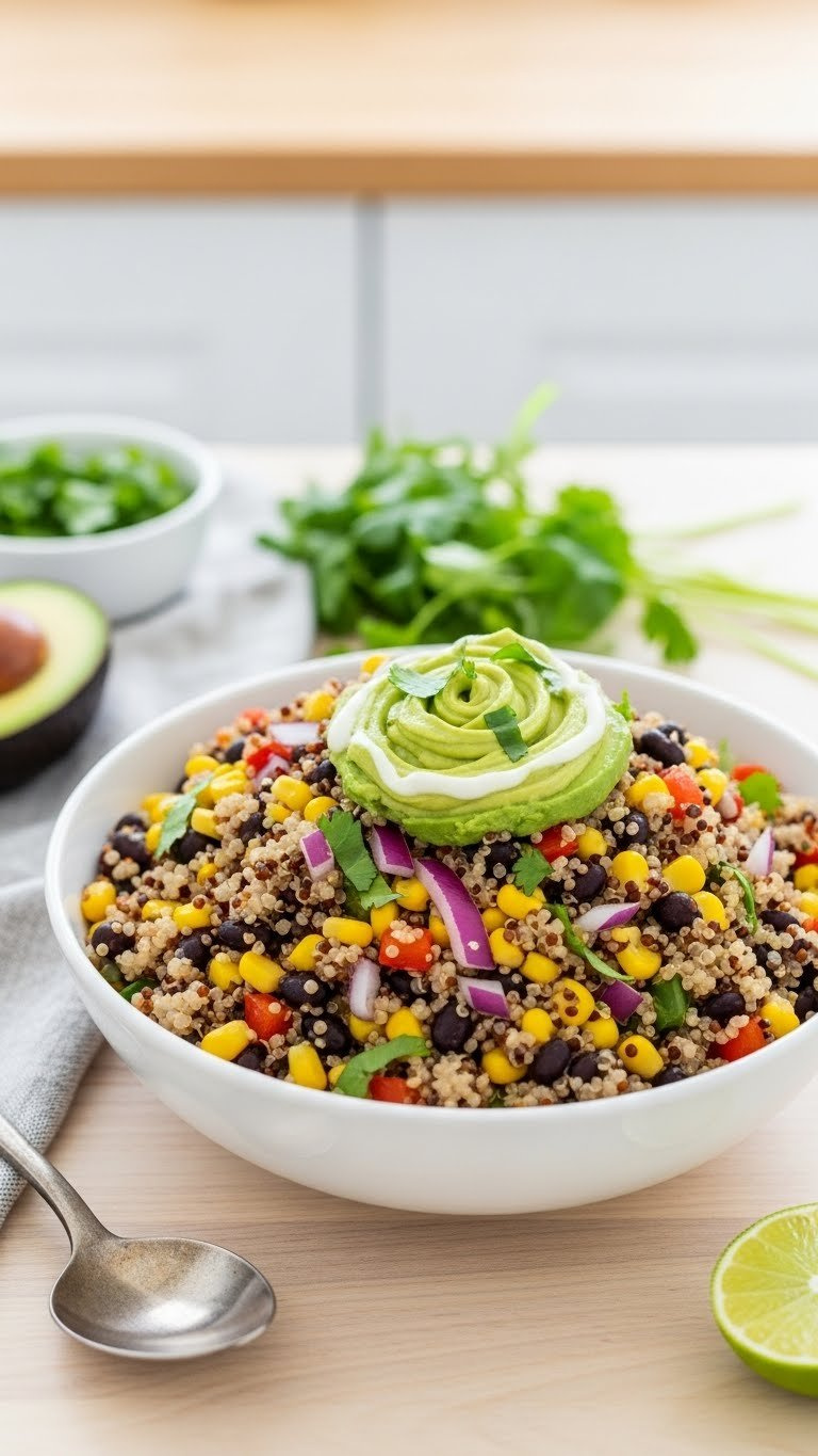 Colorful Instant Pot Quinoa &Amp; Black Bean Bowl With Corn, Red Onion, Bell Peppers, Avocado Crema, And Cilantro On A Light Wooden Table.
