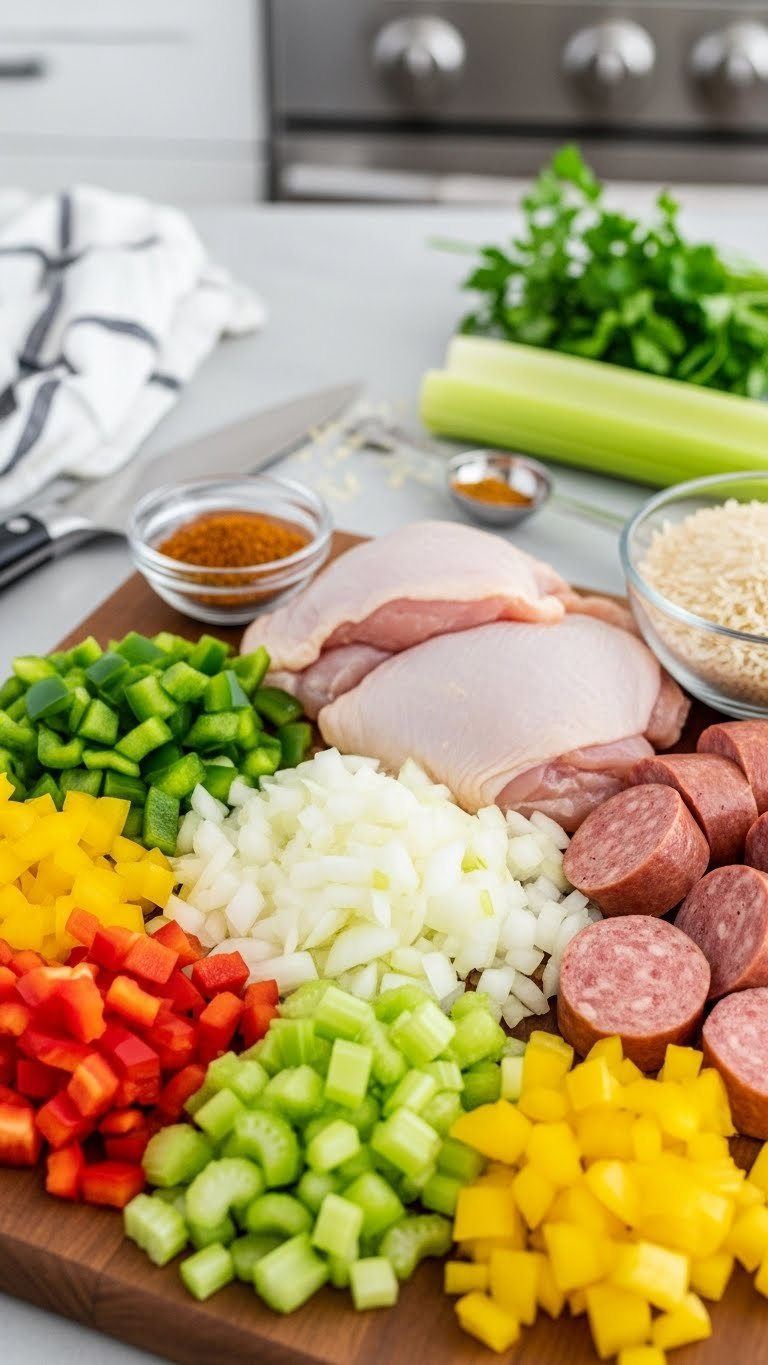 Colorful Instant Pot Jambalaya Ingredients Like Bell Peppers, Chicken, Andouille Sausage, Rice, And Cajun Seasoning On A Rustic Cutting Board.