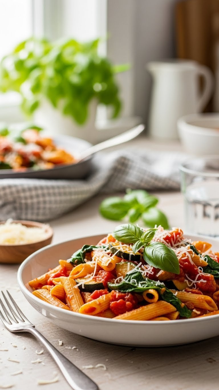 Colorful Instant Pot Pasta With Rich Tomato Sauce, Spinach, Bell Peppers, Zucchini, And Parmesan In A Shallow Bowl.
